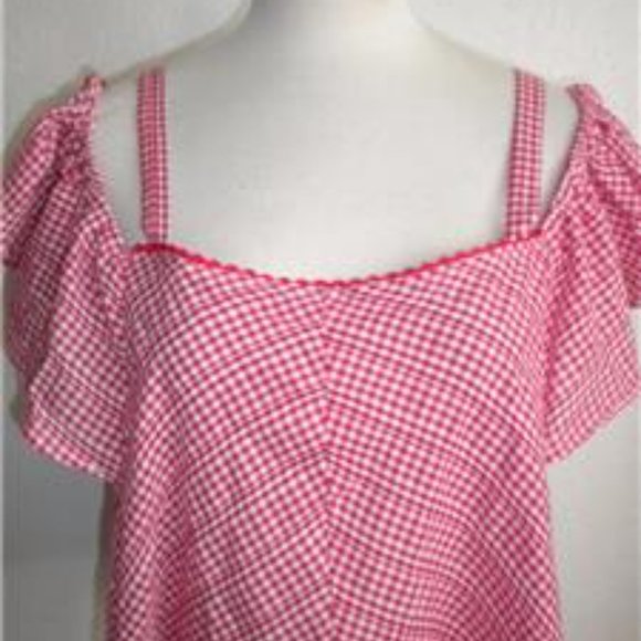 WALTER BAKER MS SIZES RED AND WHITE GINGHAM COLD SHOULDER CROP BLOUSE - Picture 5 of 7
